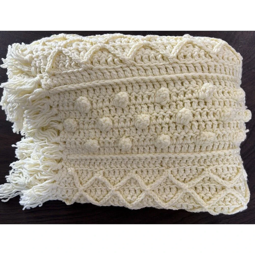 Crochet Afghan Throw Blanket Yellow 3D Nolan Aran Diamond Bobble Fringe Handmade